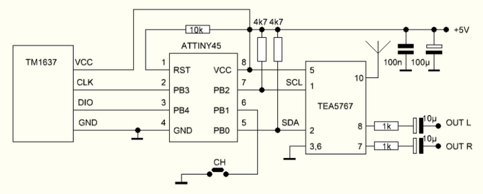 ATtiny45 + TEA5767 + TM1637 (FM radio) Arduino, , , 