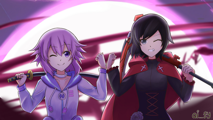 Neptune & Ruby Anime Art, Hyperdimension Neptunia, Neptunia, Neptune, , RWBY, Ruby Rose