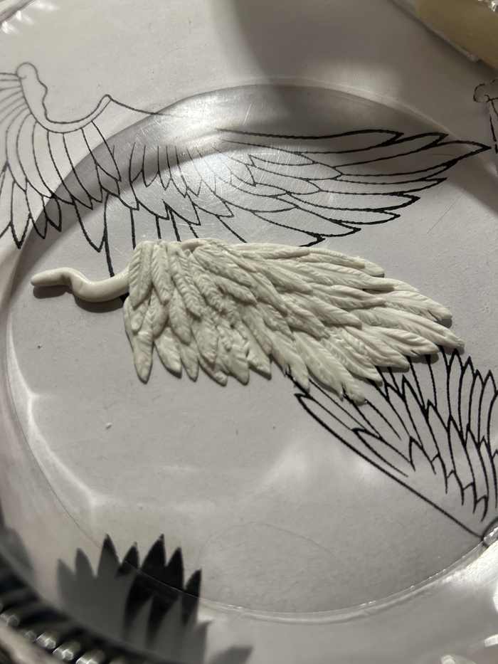 Процесс выкладки перьев на прозрачной упаковке