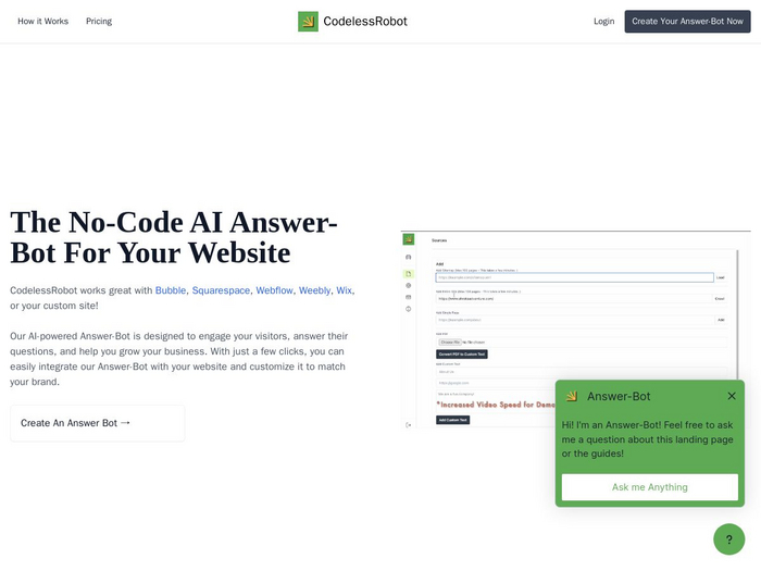 CodelessRobot:   AI Answer-Bot   Bubble, Squarespace, Webflow, Weebly, Wix   Telegram, ChatGPT, IT, , 