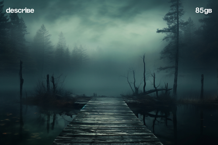 a wooden dock on a misty pond, in the style of dark white and aquamarine, mystical creatures and landscapes, dark, foreboding colors, die br&#xFC;cke, dreamlike portraiture, site-specific works