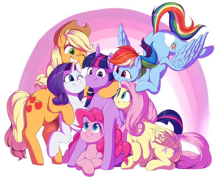 Обнимаются My Little Pony, Ponyart, Rainbow Dash, Twilight Sparkle, Rarity, Fluttershy, Applejack, Pinkie Pie
