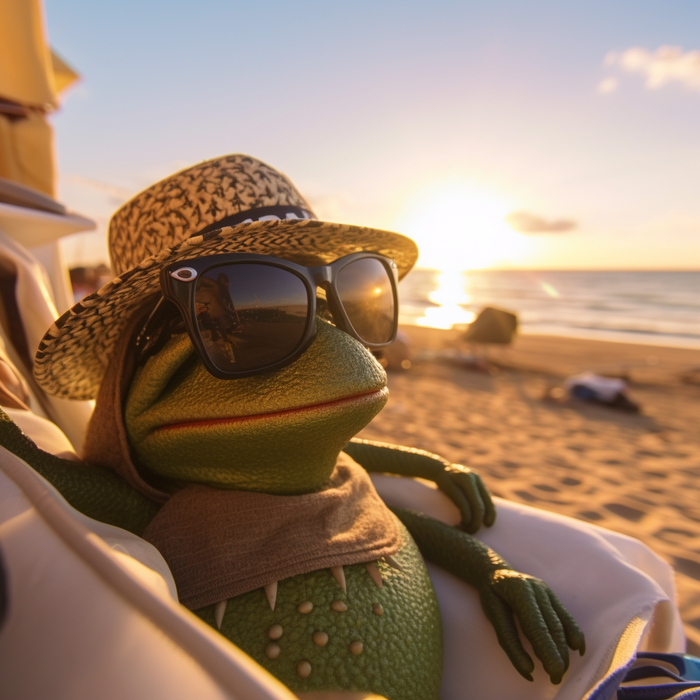     (Pepe the Frog on the beach)  , Midjourney, , Pepe, 