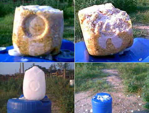 На фото: пейкерит после баллистических испытаний почти не пострадал. Обычная льдина же превратилась в пустое место.