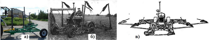 Рис. 1. Косилки: а, б) КТП-6 и КС-10 в транспортном положении, в)КС-10 в рабочем положении. Фото из открытых источников