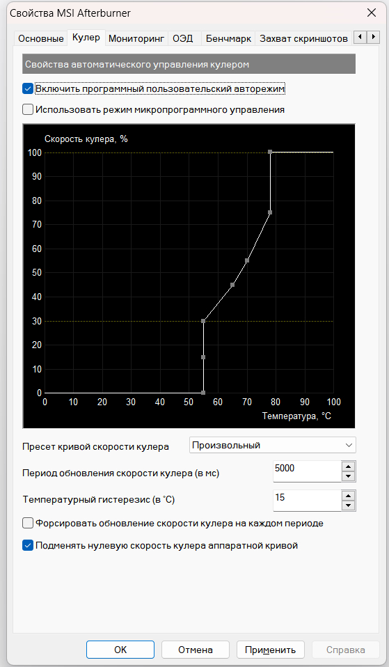 Настройка кривой вентиляторов видеокарты