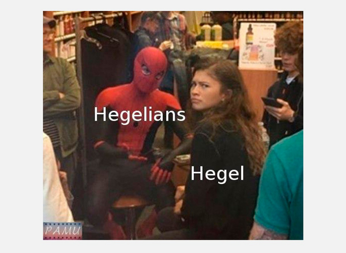 Надпись слева: «Гегельянцы». Справа: «Гегель».