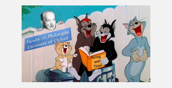 Надпись слева: «Факультет философии Оксфордского университета». В лапах у кота «Бытие и время» Хайдеггера