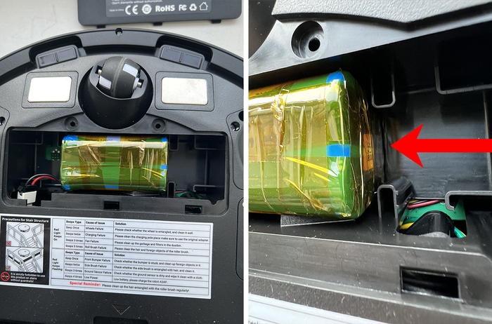 Батарейка-мумия в пюре-пылесосе. Красная стрелка указывает на отсутствие прокладки