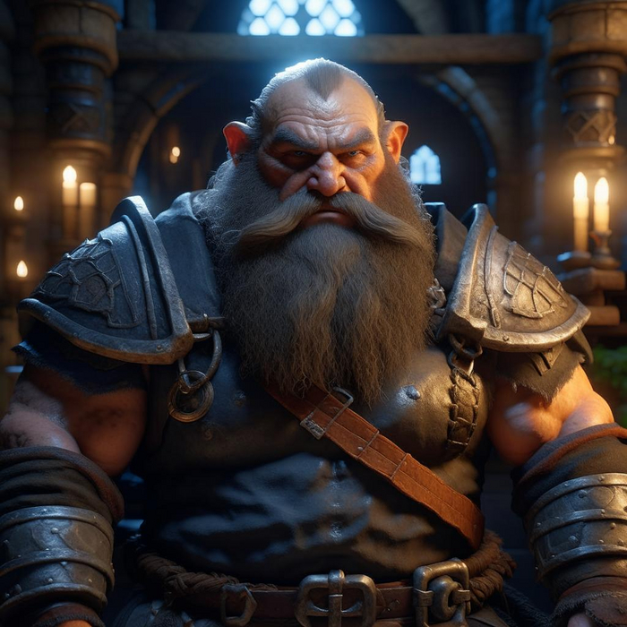 Heavy rain, old street, forge, dwarf without beard