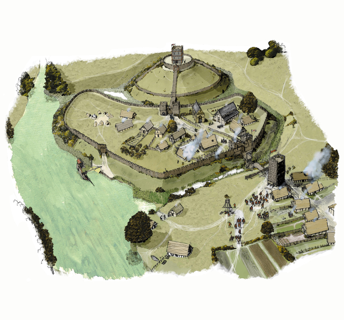 Схема замка Мотте-энд-Бейли в Хантингдон-Хилл, Англия, XI в. Типичный мотт и бейли. Даже такая нехитрая фортификация служила минимально достаточной в XI веке. Иллюстрация Джона Кейна.