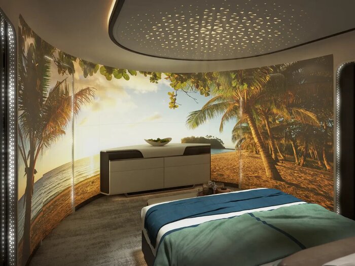 Площадь салона — около 340 квадратных метров. Главные особенности оформления — огромная спальня, сравнимая с гостиничным номером, зал для переговоров, барная комната. Есть даже полноценная ванная комната с тропическим душем.