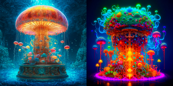 Слева Tengr AI, справа GigaChat от Сбера.
Промт: dripping mucus, amoeba, african tribal dressing, fungi, crawling vessels, battleship, jellyfish, chomper, sharp teeth, 4k, octane render, houdini particles, high detailed, hyper-realistic, cinematic, epic