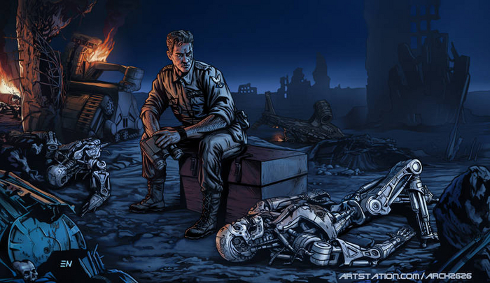 Terminator 2 lull after the battle in FUTURE Терминатор 2: Судный день, Арт, Т-800, Джон Коннор