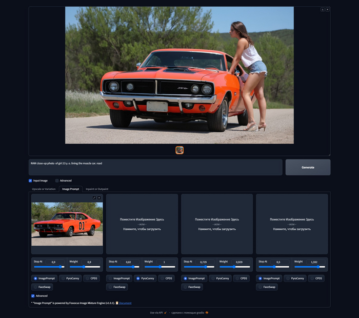 RAW close-up photo of girl 23 y. o. lining the muscle car. road