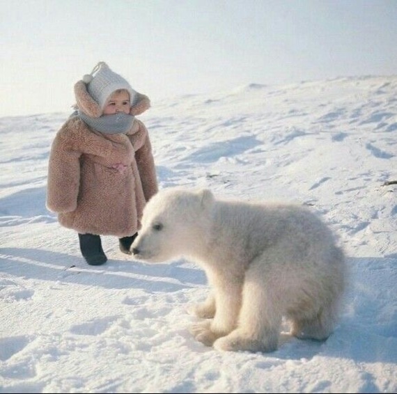 Ребёнок человека встретил ребёнка медведя Дети, Медведи, Зима, Фотография, Медвежата