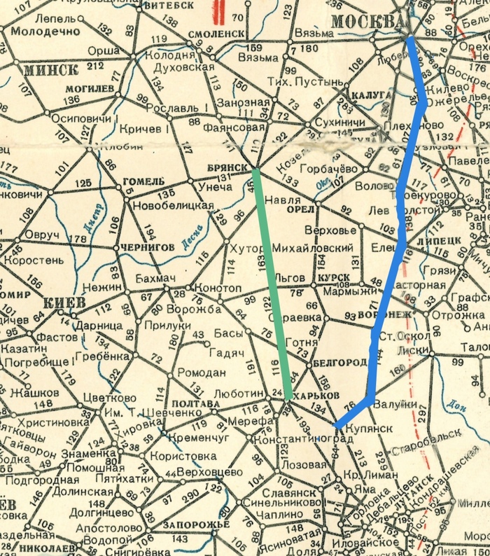 Зеленая линия - Брянск-Льгов-Харьков, Синяя линия - Москва-Донбас