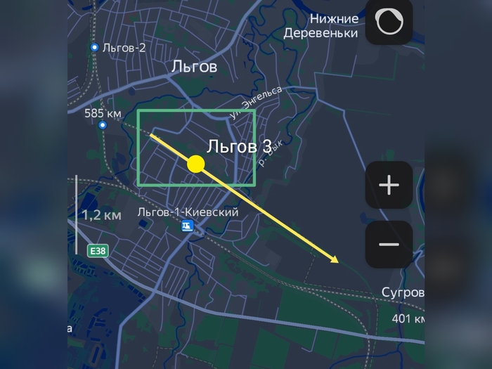 Зеленый прямоугольник - примерное расположении станции Льгов 3; Желтая стрелка - предположительное расположение путей; 545км - историческое расположение депо Льгов 2