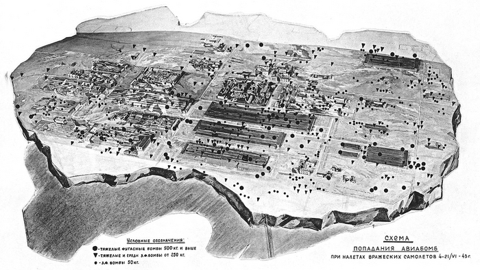На иллюстрации показаны попадания бомб в ходе налетов с 4 по 21 июня 1943 года.
