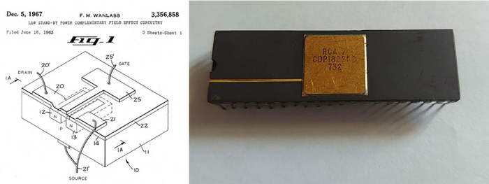 Патент Фрэнка Уонласа (Frank Wanlass) на изобретенную им вместе с Са Чжитаном (Chih-Tang Sah) КМОП (CMOS) логику – мать всех современных чипов и микропроцессоров, 1963 г.