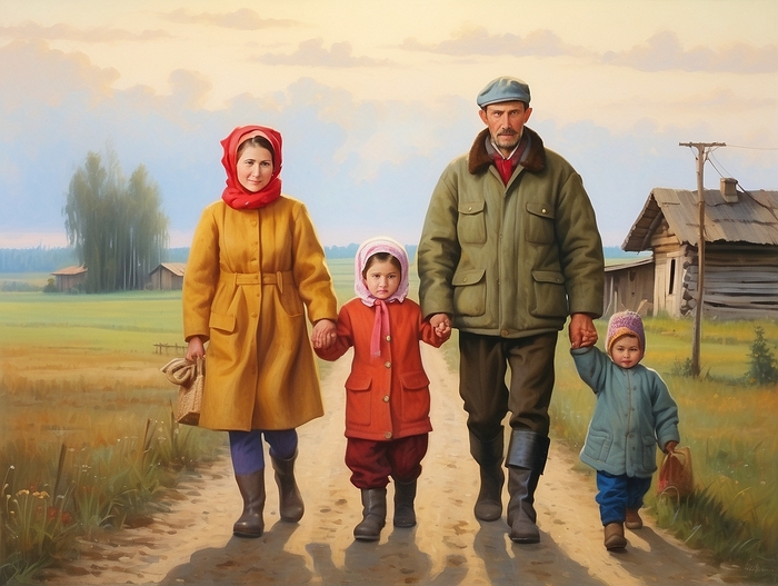 Ячейка общества из российской глубинки на прогулке.