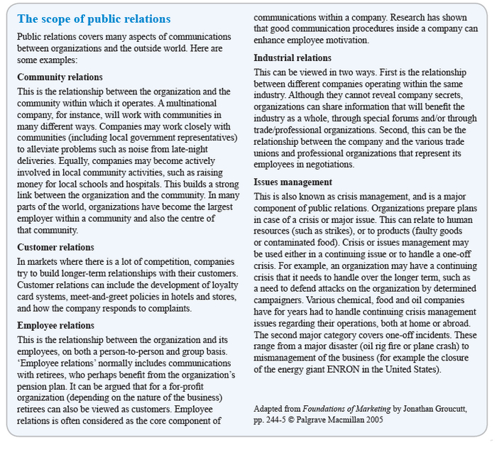 The scope of public relations