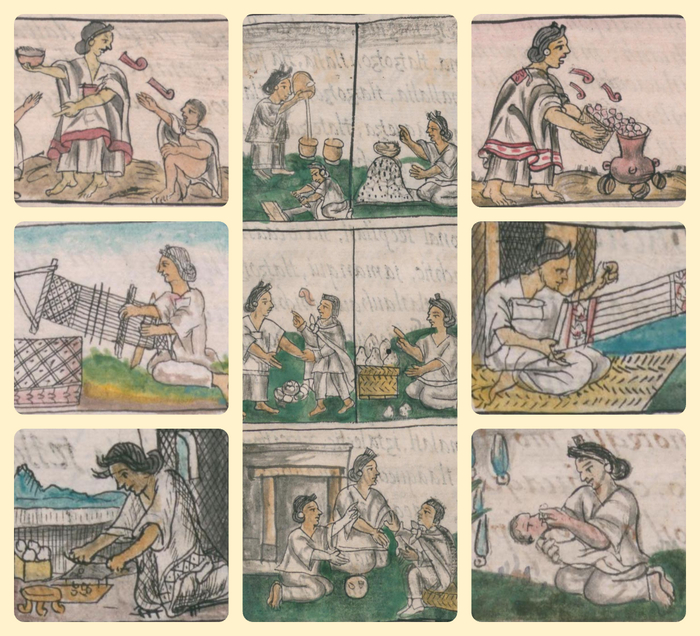 Изображения разных женских занятий: готовка, прядение, уход за детьми / Флорентийский кодекс