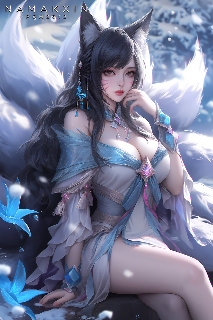   , , Anime Art, , Ahri, League of Legends, Game Art, Animal Ears, 