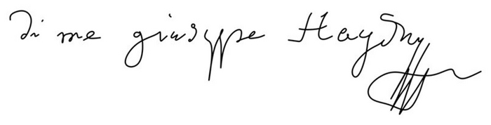 Подпись Гайдна, которой он подписал партитуру «Боже храни императора Франца», которую. Йозеф написал, предположительно, под воздействием венских булочек с неочищенным маком