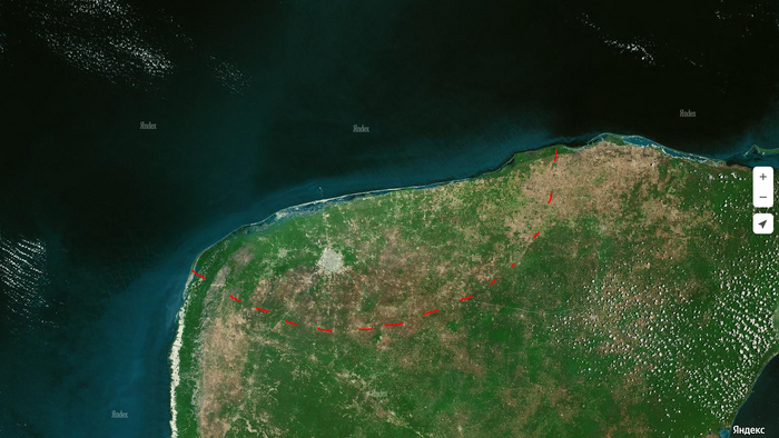 Кратер Чикшулуб. Автором показана только его наземная, видимая из космоса часть. Взято автором статьи из Яндекс.Карт