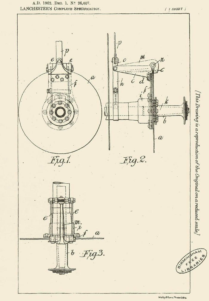 Патент на дисковый тормоз Фредерика Ланчестера, 1902 год. Помимо тормозов, дядька чего только не патентовал, вплоть до звукозаписывающих устройств.