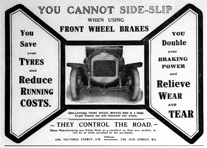 Реклама передних тормозов британского завода Allen-Liversidge, Ltd.