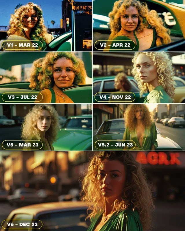 Так выглядит прогресс Midjourney в портретах. Между первой и шестой версиями всего 20 месяцев.