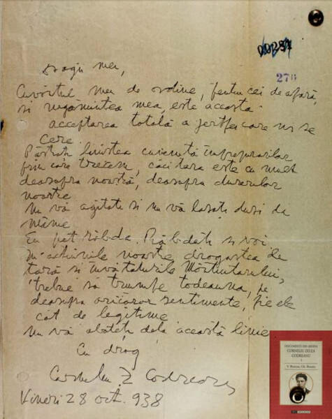 Последнее известное письмо Корнелиу Кодряну. 28 октября 1938 г.