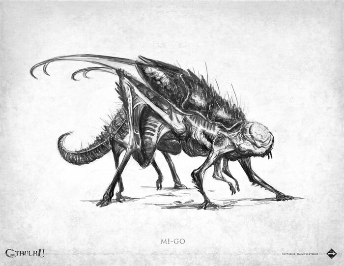 Ми-Го (Mi-Go) в древности пришли на Землю с планеты Юггот (Плутон). Земля их интересует, как место добычи ценных минералов. Ми-Го стараются избегать контактов с людьми и поэтому поселились на малонаселённых лесистых горах. «Шепчущий во тьме».