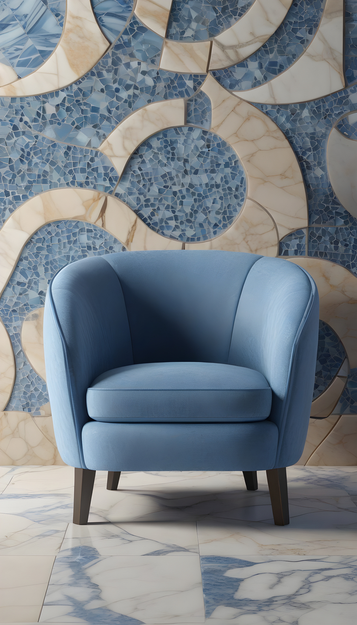 Кресло на фоне мозаики из витражного стекла и мрамора.