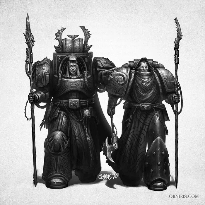 Главный библиарий Кархарадонов и его ученик. Хорошо видны различные тотемы из зубов морских хищников, а их броня имеет украшения, соответствующие их верованиям.