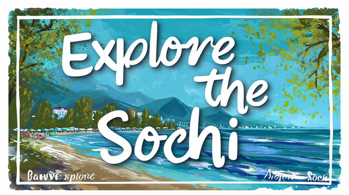 Travel poster with the phrase "Explore the Sochi" in elegant script, showcasing a sea landscape --ar 16:9 --v 6.0
