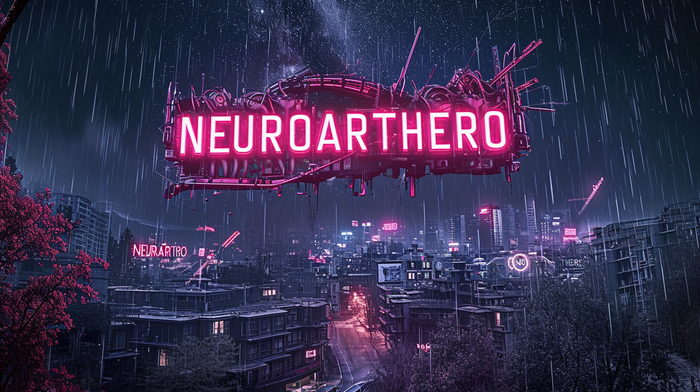 A sci-fi movie poster with the neon-lit words "NEUROARTHERO", depicting a futuristic cityscape under a starry sky --ar 16:9 --v 6.0