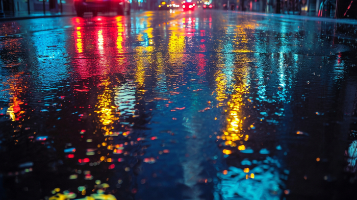 Photograph depicting the reflection of city lights on a rain-soaked street, showcasing the interplay of light and shadow --ar 16:9 --style raw --v 6.0