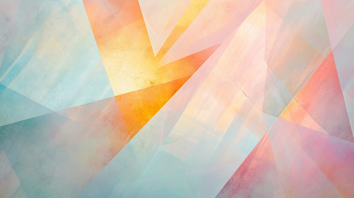 Geometric abstract wallpaper capturing the essence of a sunrise, with angular forms in shades of soft pink, orange, and gold, set against a pale sky blue background, creating a calm, uplifting mood --ar 16:9 --v 6.0