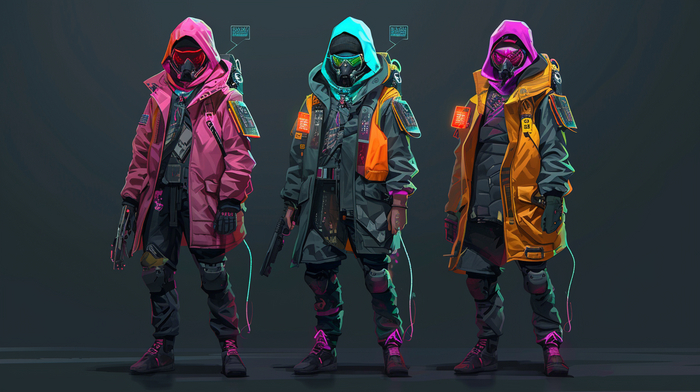 Develop a character concept for a cyberpunk-themed game, featuring a rogue hacker with neon-detailed cybernetic enhancements and urban, dystopian fashion --ar 16:9 --v 6.0