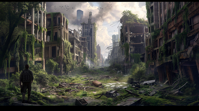 Design a post-apocalyptic game scene with a crumbling city, nature reclaiming buildings, and a lone survivor exploring the eerie streets --ar 16:9 --v 6.0
