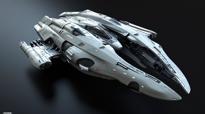 Design a sleek, futuristic spacecraft for a space exploration game, showcasing advanced technology, detailed cockpit, and a dynamic, modular exterior design --ar 16:9 --v 6.0