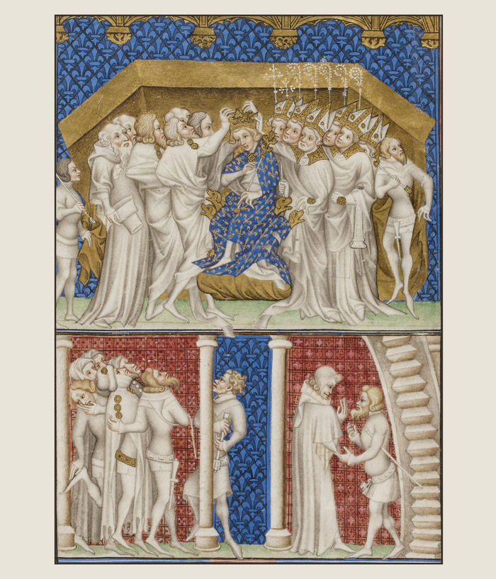 Коронация короля Франции Карла VI в 1380 г., синяя мантия монарха усеяна «цветками лилии», иллюстрация Жана Фуке из манускрипта 1460 г., Les Grandes Chroniques de France