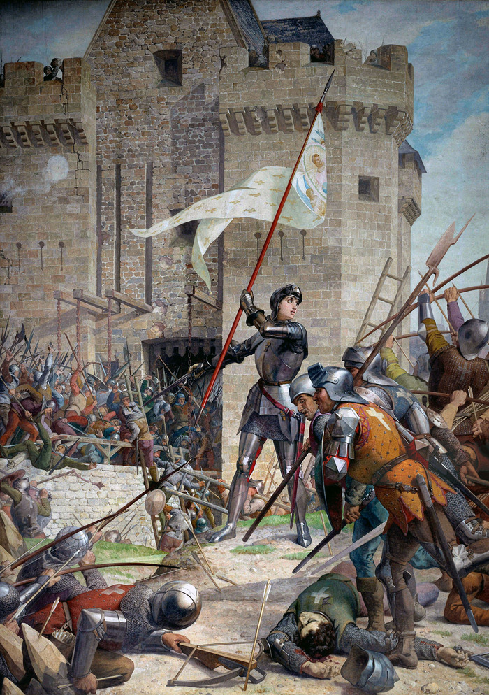 ЖАННА ВДОХНОВЛЯЕТ СВОИХ ВОИНОВ, изображён один из ключевых моментов сражения у стен города Орлеан в 1429 г., художник Жюль Эжен Ленепвю, 1886 г.