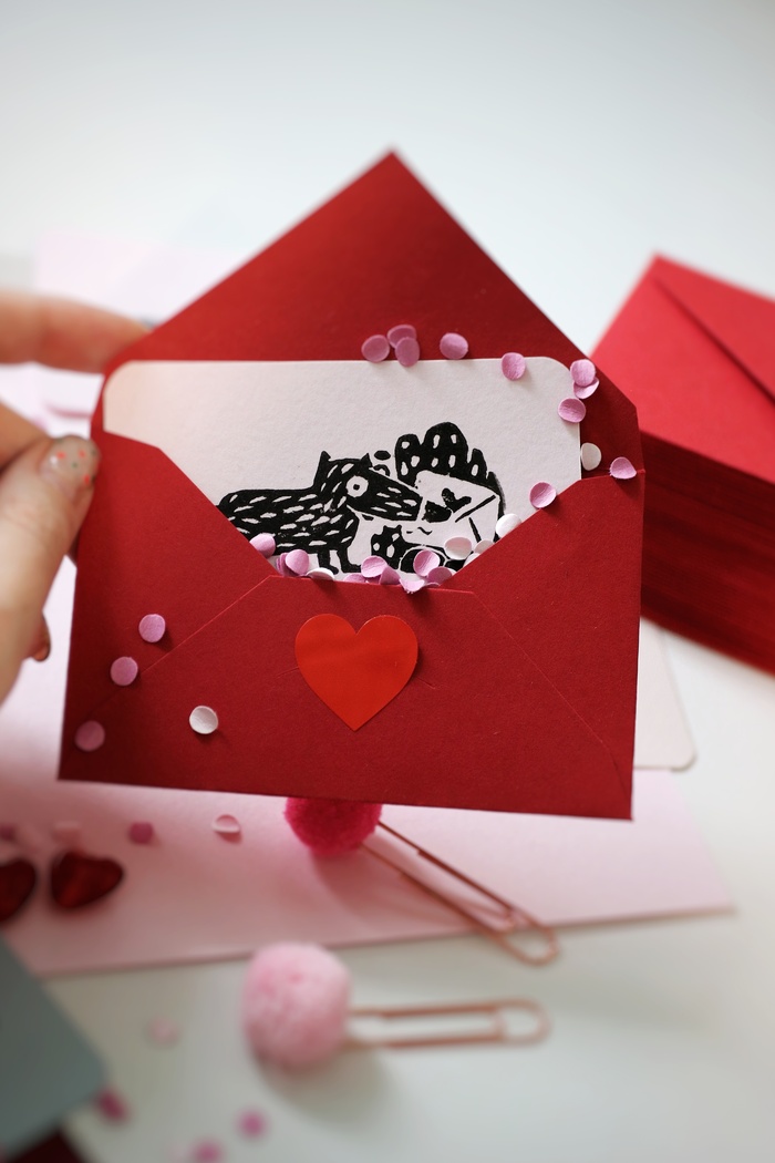 Открытка- линогравюра к 14 февраля с Волчком Бедолагой Открытка, 14 февраля - День святого Валентина, Волчок Бедолага, Длиннопост