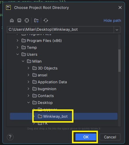 � ��������� ���� �������� ����� ������ �������( � ������ ������: ����� Winkiway_bot), � �������� OK.
