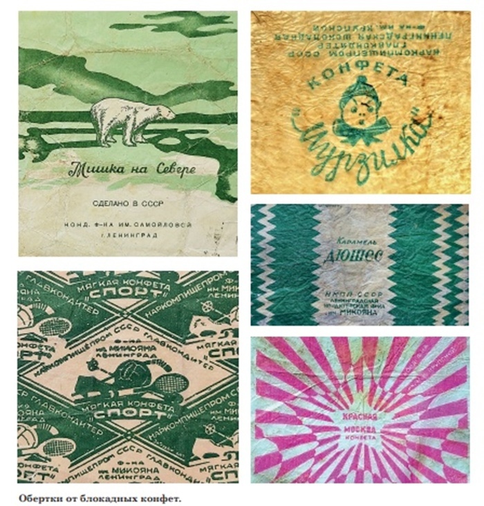 Обёртки конфет, выпускаемых ленинградскими фабриками в годы блокады.