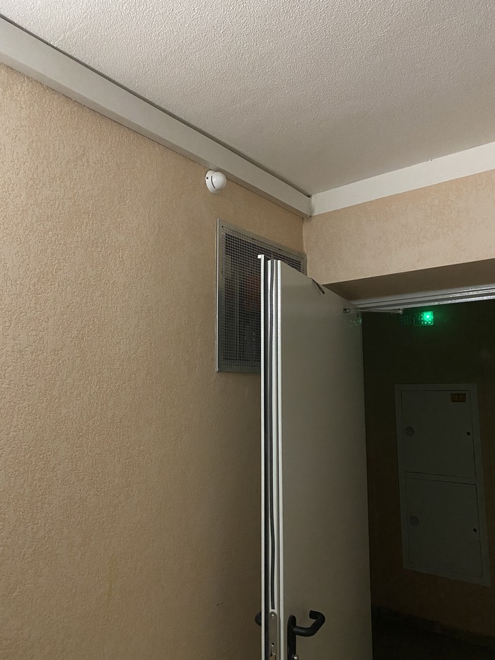 Фото на выходе из лифта. Открыта противопожарная дверь в межквартирный коридор. Шильдик с номером можно увидеть за доводчиком.